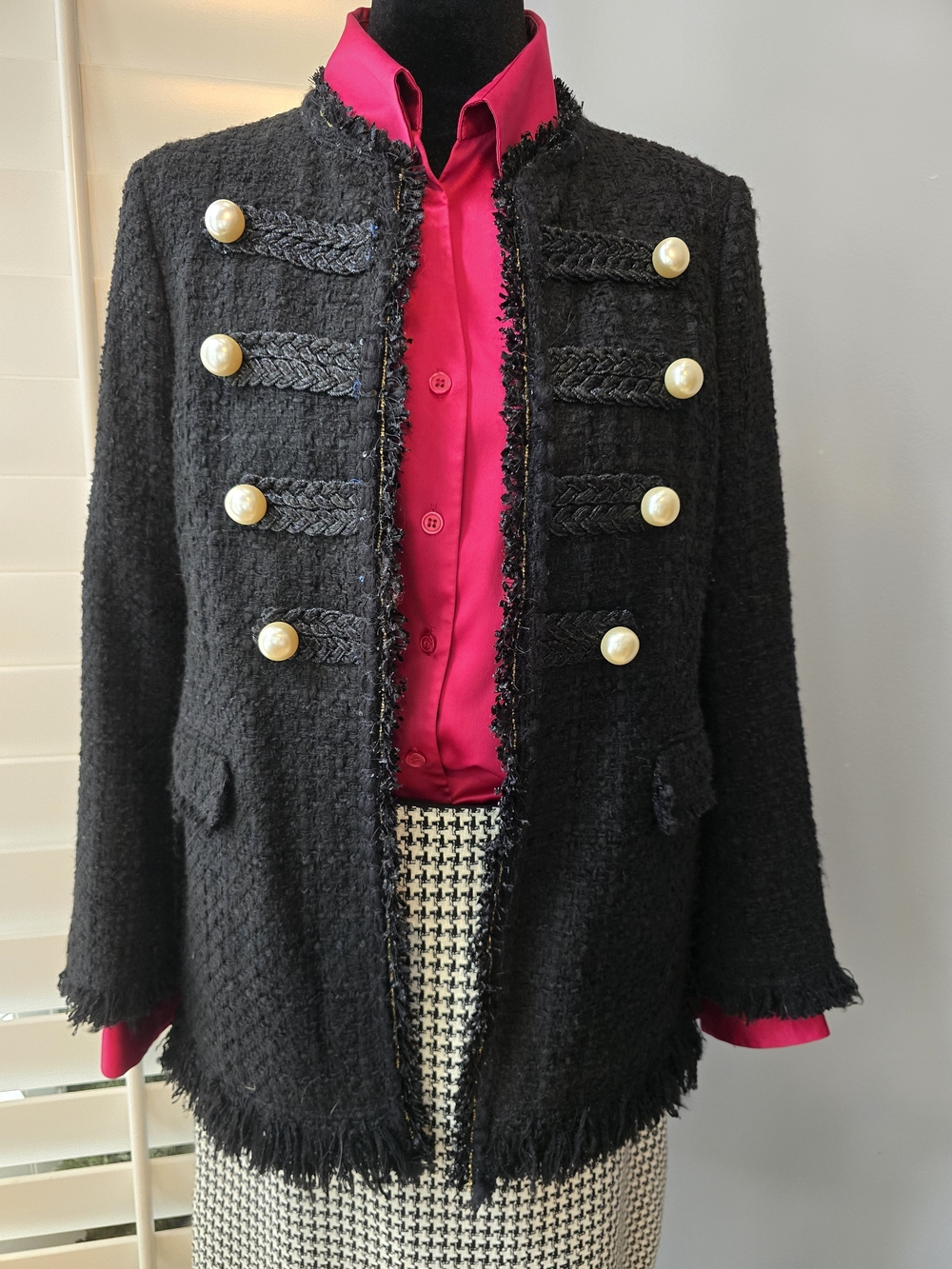 Zara Black Tweed Military Blazer with Pearl Buttons Size S